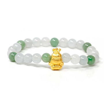 Baikalla Jewelry 24k Gold Jadeite Beads Bracelet Genuine High-quality Jade Jadeite Bracelet Bangle with 24k Yellow Gold Frog Charm #420