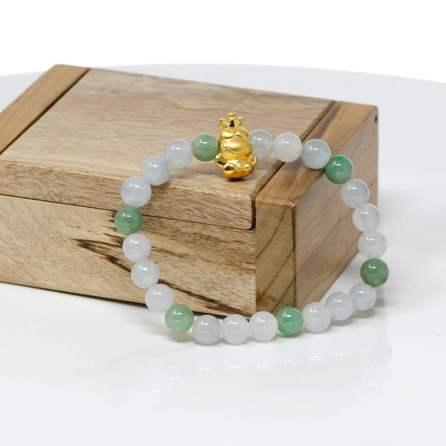 Baikalla Jewelry 24k Gold Jadeite Beads Bracelet XS 6 Inches Genuine High-quality Jade Jadeite Bracelet Bangle with 24k Yellow Gold Frog Charm #420