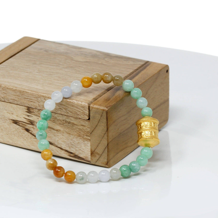 Baikalla Jewelry 24k Gold Jadeite Beads Bracelet Genuine High-quality Jade Jadeite Bracelet Bangle with 24k Yellow Gold Buddha Symbol ( Six Word Proverbs ) Charm #419