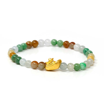 Baikalla Jewelry 24k Gold Jadeite Beads Bracelet Genuine High-quality Jade Jadeite Bracelet Bangle with 24k Yellow Gold Boat Charm Colorful  #416