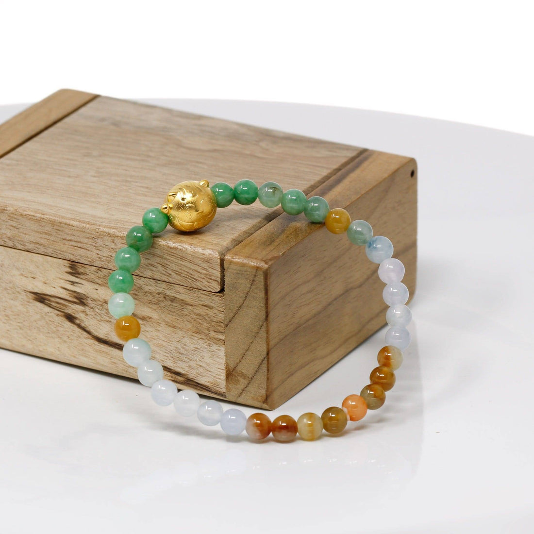 Baikalla Jewelry 24k Gold Jadeite Beads Bracelet XS 6 Inches Genuine High-quality Jade Jadeite Colorful Bracelet Bangle with 24k Yellow Gold Cat Charm #413