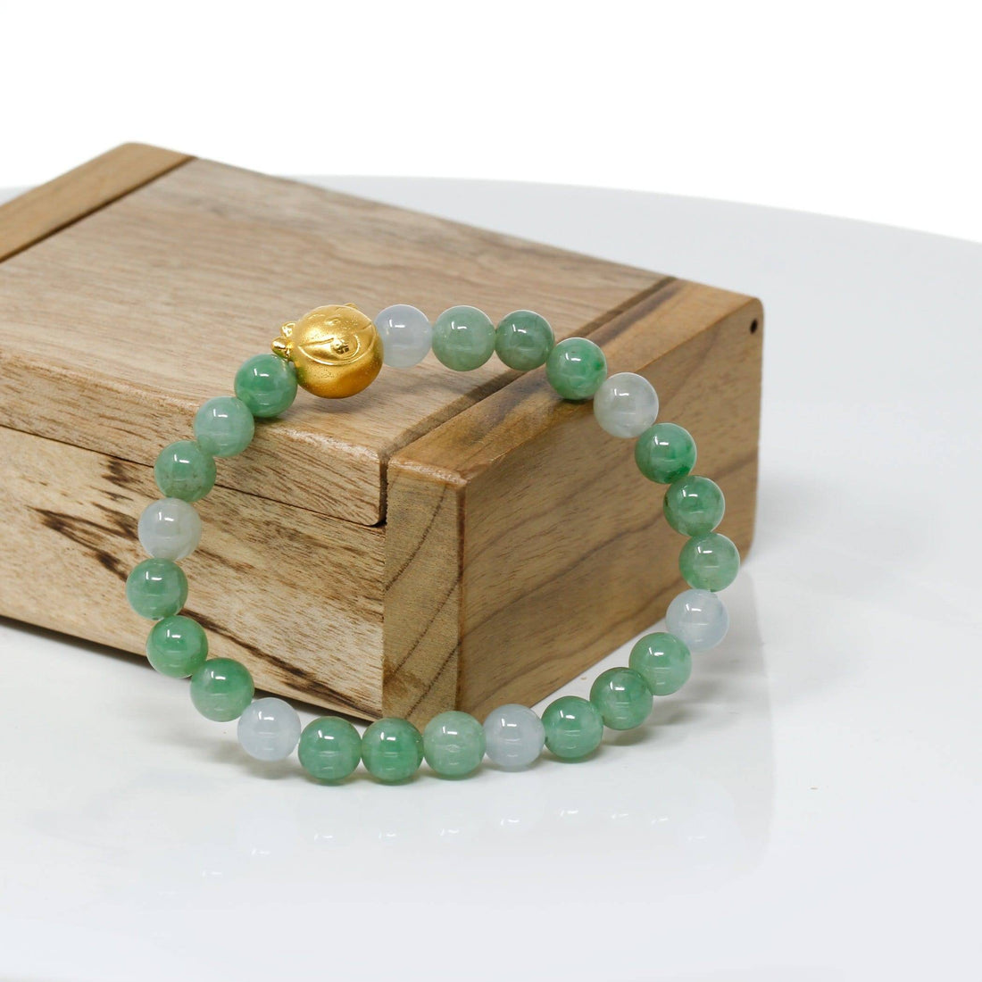 Baikalla Jewelry 24k Gold Jadeite Beads Bracelet XS 6 Inches Genuine High-quality Jade Jadeite Bracelet Bangle with 24k Yellow Gold Cat Charm #414