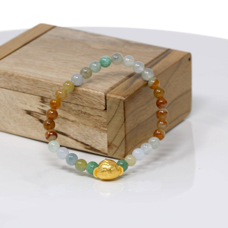 Baikalla Jewelry 24k Gold Jadeite Beads Bracelet XS 6 Inches Genuine High-quality Jade Jadeite Bracelet Bangle with 24k Yellow Gold Monkey Charm Colorful  #411