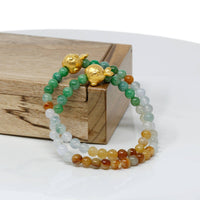 Baikalla Jewelry 24k Gold Jadeite Beads Bracelet Genuine High-quality Jade Jadeite Bracelet Bangle with 24k Yellow Goldfish Charm Colorful  #405