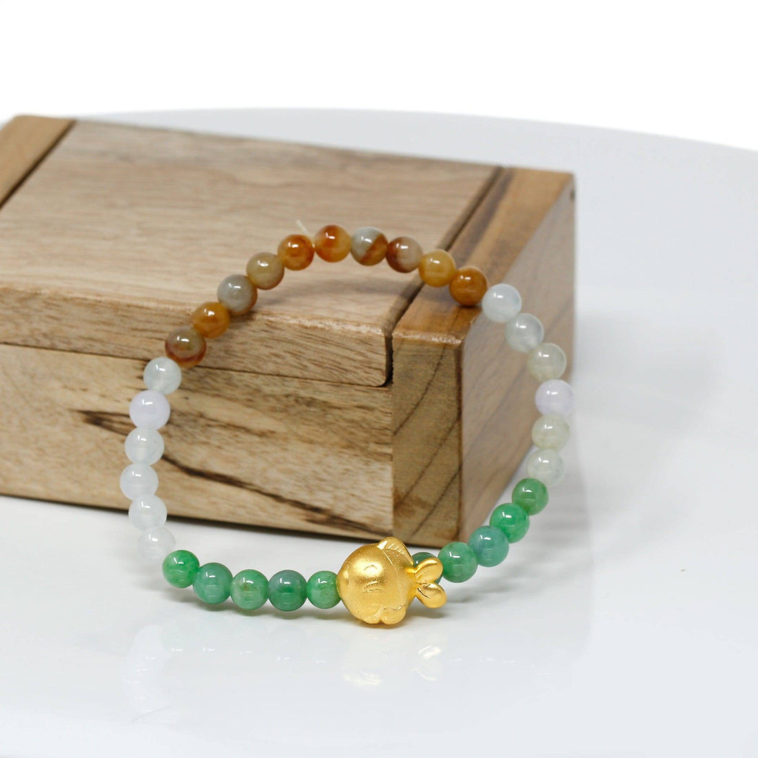 Baikalla Jewelry 24k Gold Jadeite Beads Bracelet XS 6 Inches Genuine High-quality Jade Jadeite Bracelet Bangle with 24k Yellow Goldfish Charm Colorful  #405