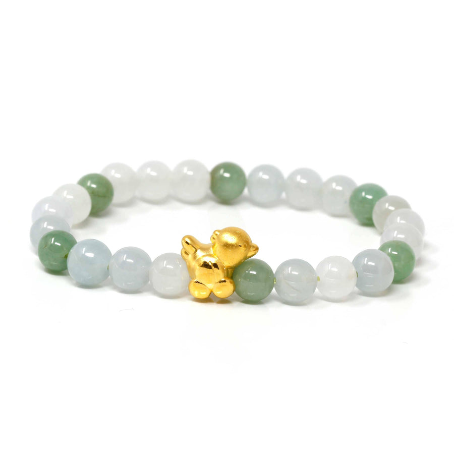 Baikalla Jewelry 24k Gold Jadeite Beads Bracelet XS 6 Inches Genuine High-quality Jade Jadeite Bracelet Bangle with 24k Yellow Gold Chicken Charm #426
