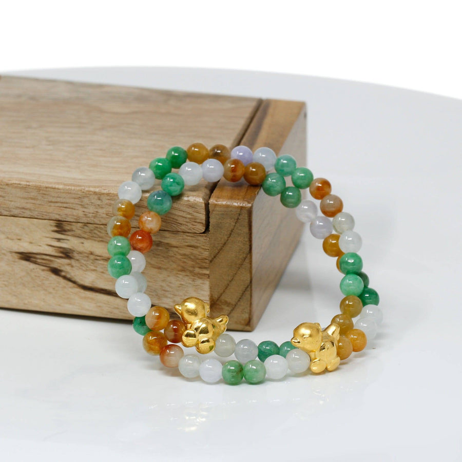 Baikalla Jewelry 24k Gold Jadeite Beads Bracelet Genuine High-quality Jade Jadeite Bracelet Bangle with 24k Yellow Gold Chicken Charm Colorful  #425