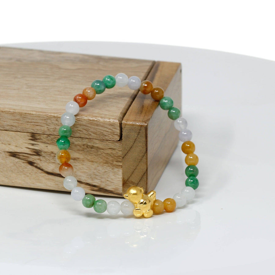Baikalla Jewelry 24k Gold Jadeite Beads Bracelet XS 6 Inches Genuine High-quality Jade Jadeite Bracelet Bangle with 24k Yellow Gold Chicken Charm Colorful  #425