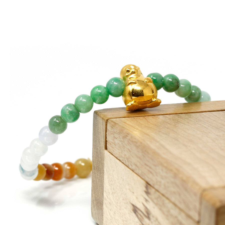 Baikalla Jewelry 24k Gold Jadeite Beads Bracelet XS 6 Inches Genuine High-quality Jade Jadeite Bracelet Bangle with 24k Yellow Gold Penguin Charm Colorful  #409
