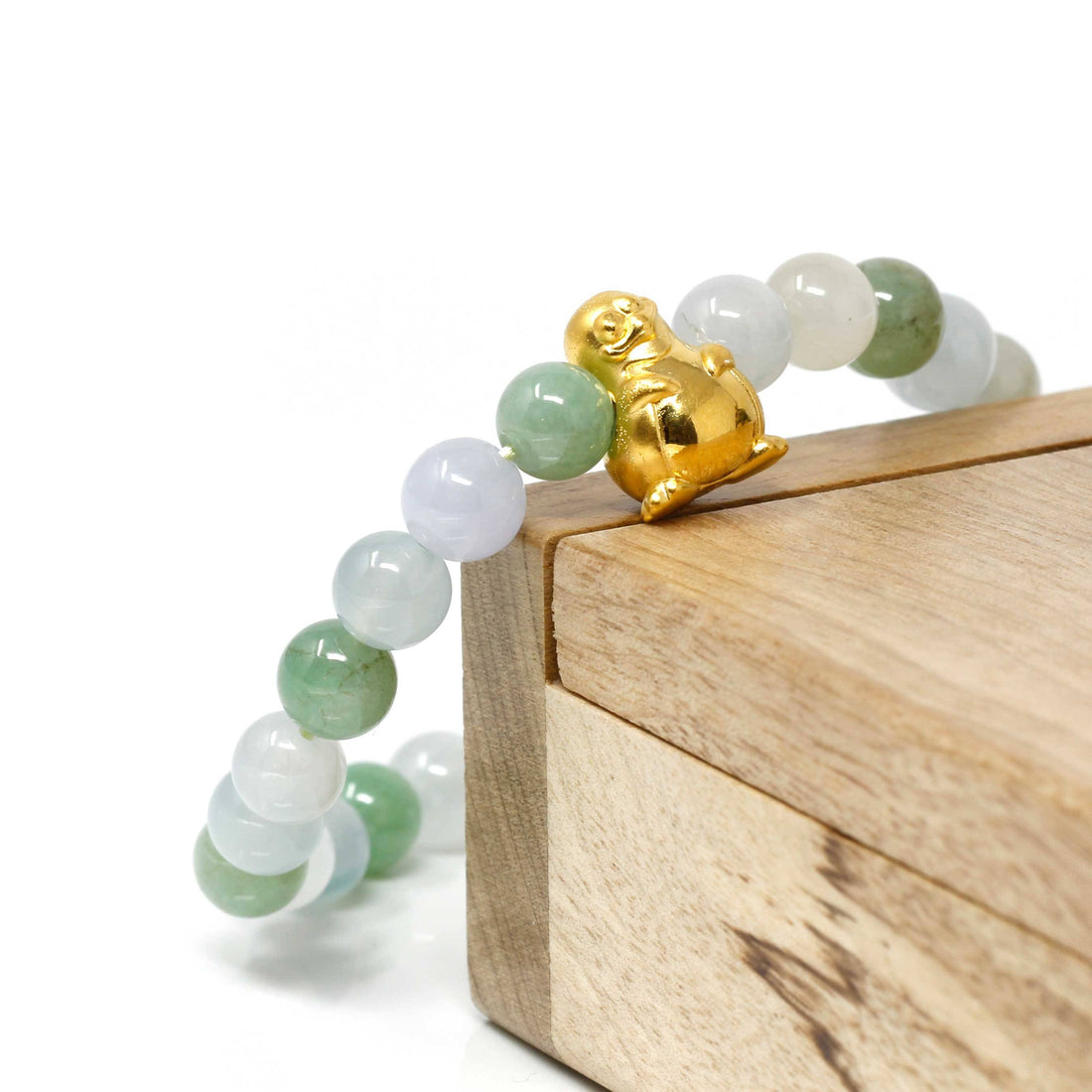 Baikalla Jewelry 24k Gold Jadeite Beads Bracelet XS 6 Inches Genuine High-quality Jade Jadeite Bracelet Bangle with 24k Yellow Gold Penguin Charm #410