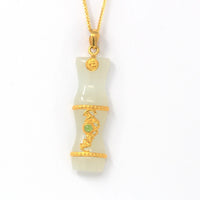 Baikalla Jewelry Gold Jade Necklace Pendant with 18k Yellow Gold Chain 24k Yellow Solid Gold Genuine Nephrite White & Green Jade Bamboo Pendant Necklace