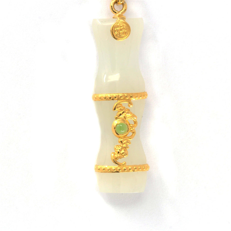 Baikalla Jewelry Gold Jade Necklace Pendant with 18k Yellow Gold Chain 24k Yellow Solid Gold Genuine Nephrite White & Green Jade Bamboo Pendant Necklace