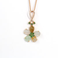 Baikalla Jewelry 18k Gold Jadeite Necklace 18k Rose Gold Genuine Mixed Color Burmese Jadeite Lucky Flower Necklace