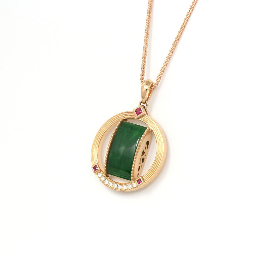 Baikalla Jewelry Gold Jadeite Necklace 18k Rose Gold Genuine Burmese Jadeite Pendant Necklace With Diamond & Ruby