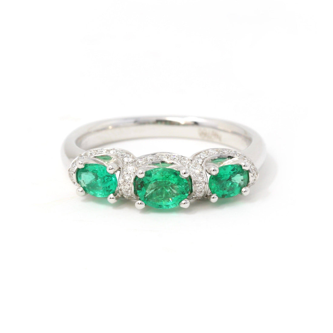 Baikalla Jewelry gold emerald ring 18k White Gold Genuine Oval Emerald Diamonds 3-Stone Ring