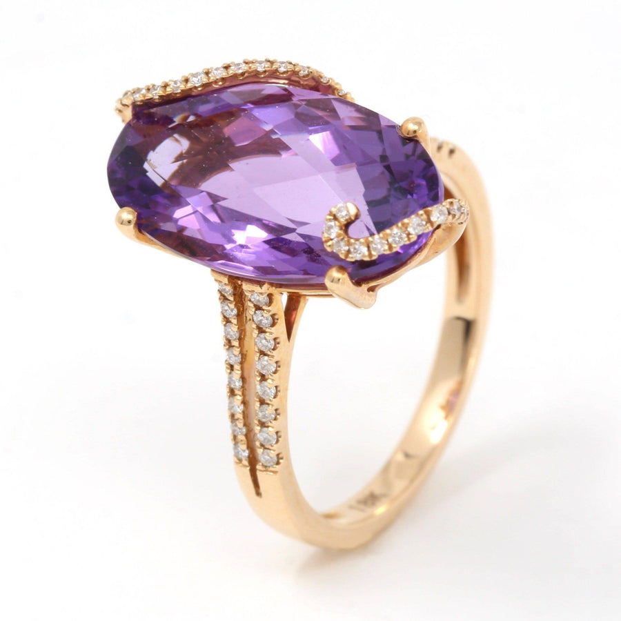 Baikalla Jewelry Gold Amethyst Ring 7 18k Rose Gold Genuine Oval Amethyst Ring with Diamonds Halo