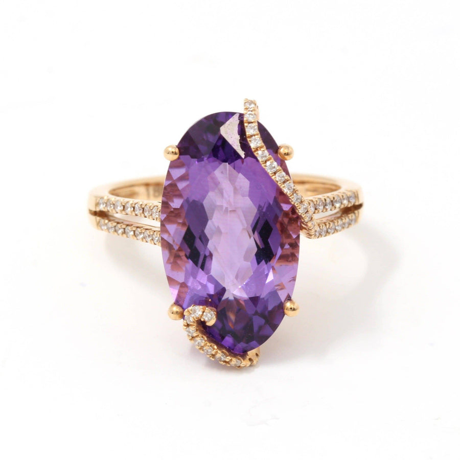 Baikalla Jewelry Gold Amethyst Ring 18k Rose Gold Genuine Oval Amethyst Ring with Diamonds Halo