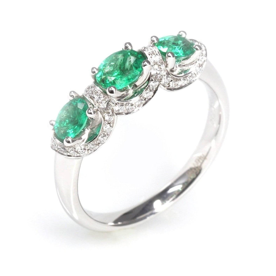 Baikalla Jewelry gold emerald ring 6.5 18k White Gold Genuine Oval Emerald Diamonds 3-Stone Ring