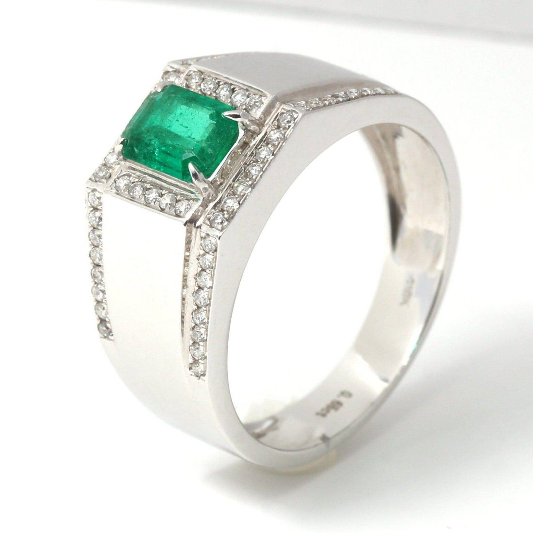 Baikalla Jewelry Gold Men's Rings 8 18k White Gold Natural 0.65 ct Emerald Men's Halo Ring with Diamonds