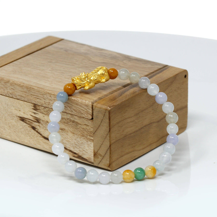 Baikalla Jewelry 24k Gold Jadeite Beads Bracelet XS 6 Inches Genuine High-quality Jade Jadeite Bracelet Bangle with 24k Yellow Gold PiXiu Charm Colorful  #422