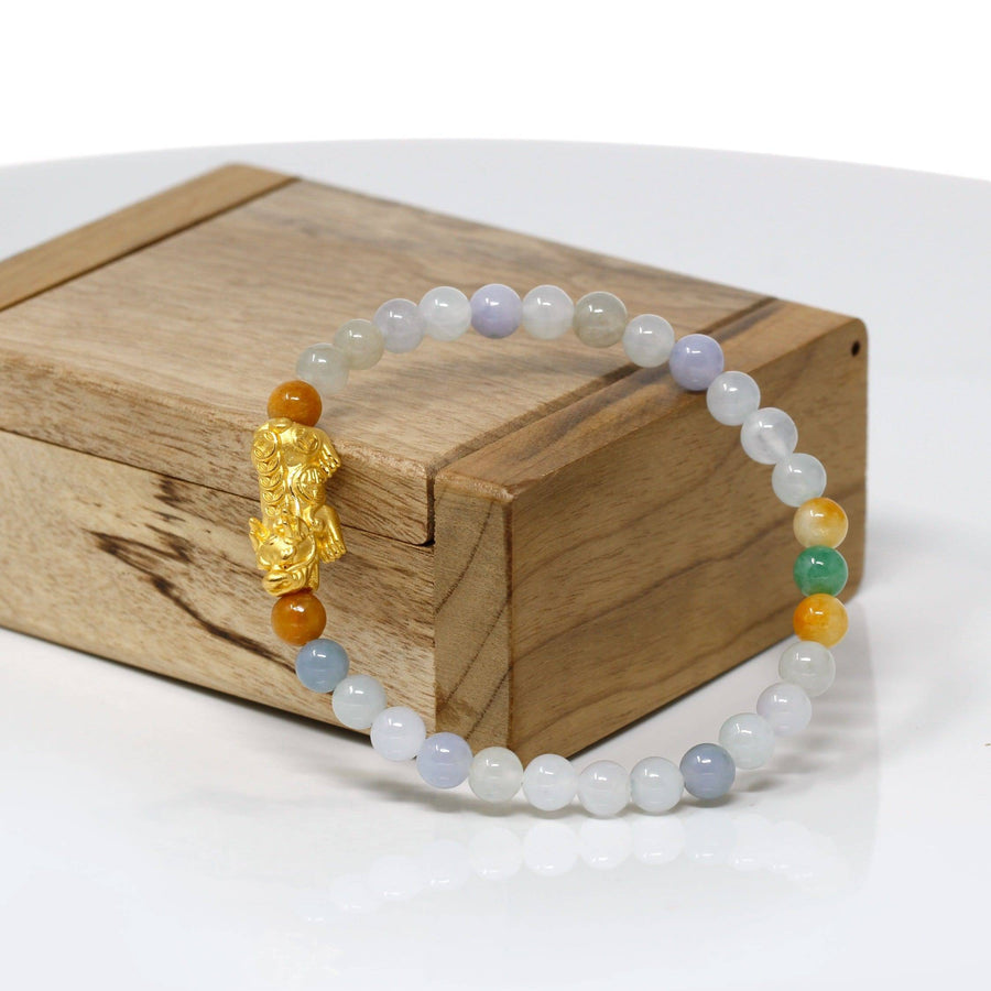 Baikalla Jewelry 24k Gold Jadeite Beads Bracelet Genuine High-quality Jade Jadeite Bracelet Bangle with 24k Yellow Gold PiXiu Charm Colorful  #422