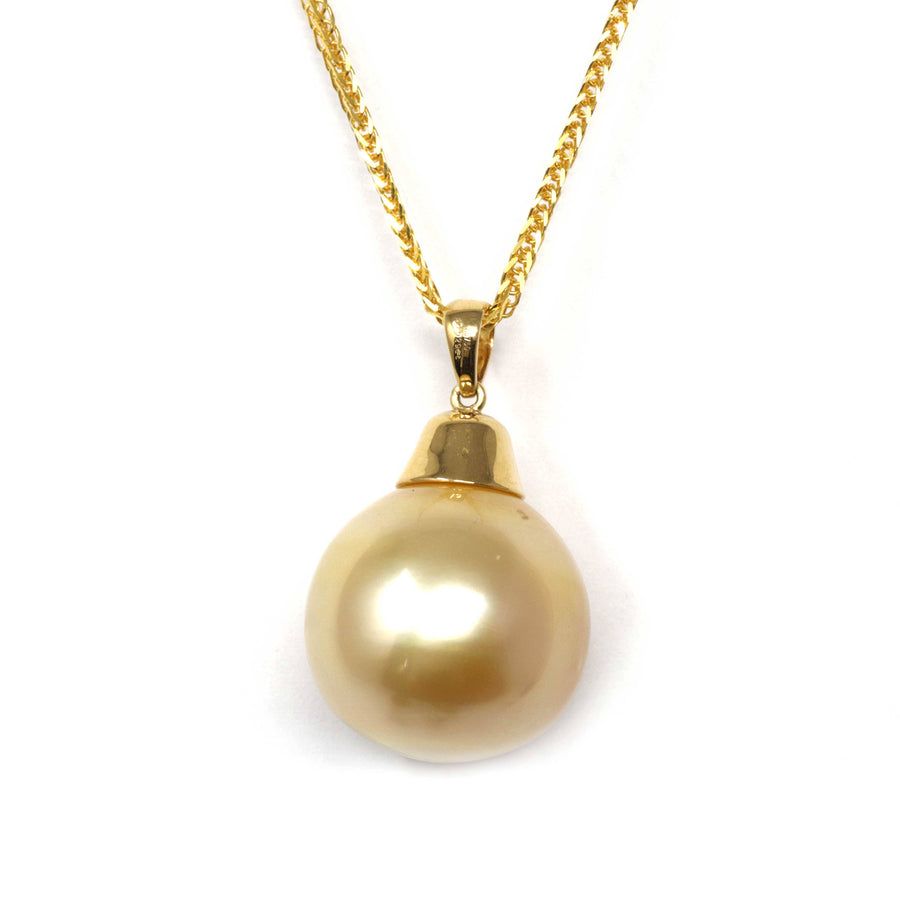 Baikalla Jewelry Gold Pearl Necklace 18k Gold Round Golden South Sea Cultured Pearl & Diamond Pendant Necklace for Women, AAA Quality
