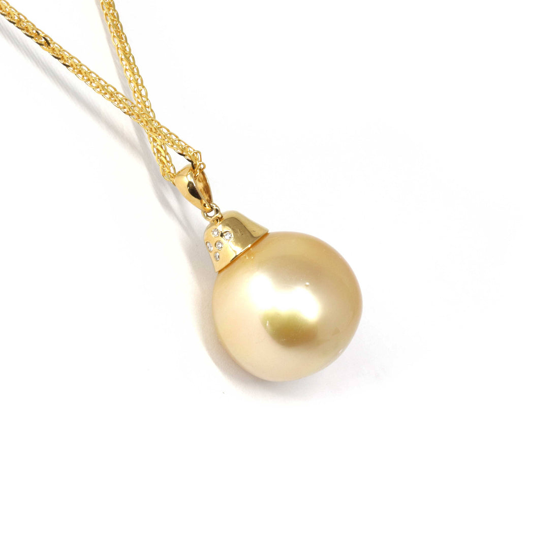 Baikalla Jewelry Gold Pearl Necklace 18k Gold Round Golden South Sea Cultured Pearl & Diamond Pendant Necklace for Women, AAA Quality