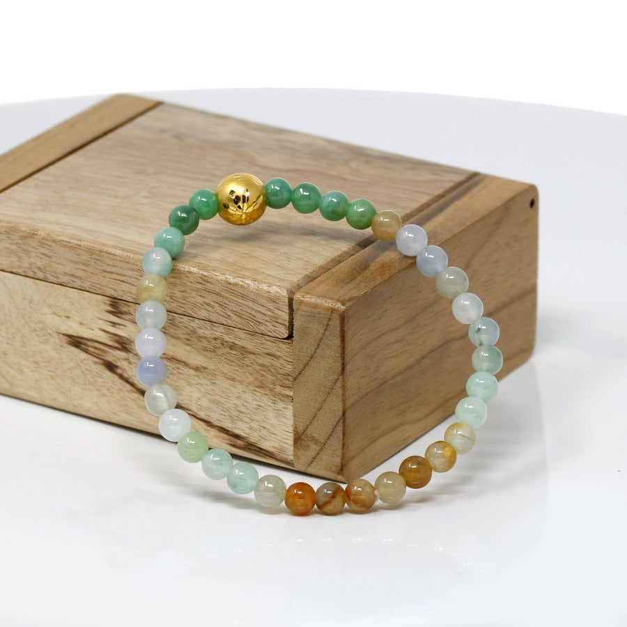 Baikalla Jewelry 24k Gold Jadeite Beads Bracelet XS 6 Inches Genuine High-quality Jade Jadeite Bracelet Bangle with 24k Yellow Gold Star Ball Charm Colorful  #417